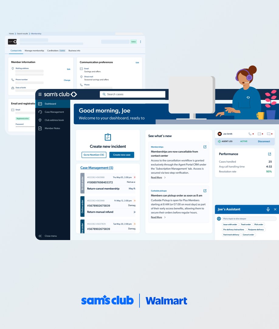 Sam's Club contact center dashboard with case management, updates, performance stats and an assistant panel