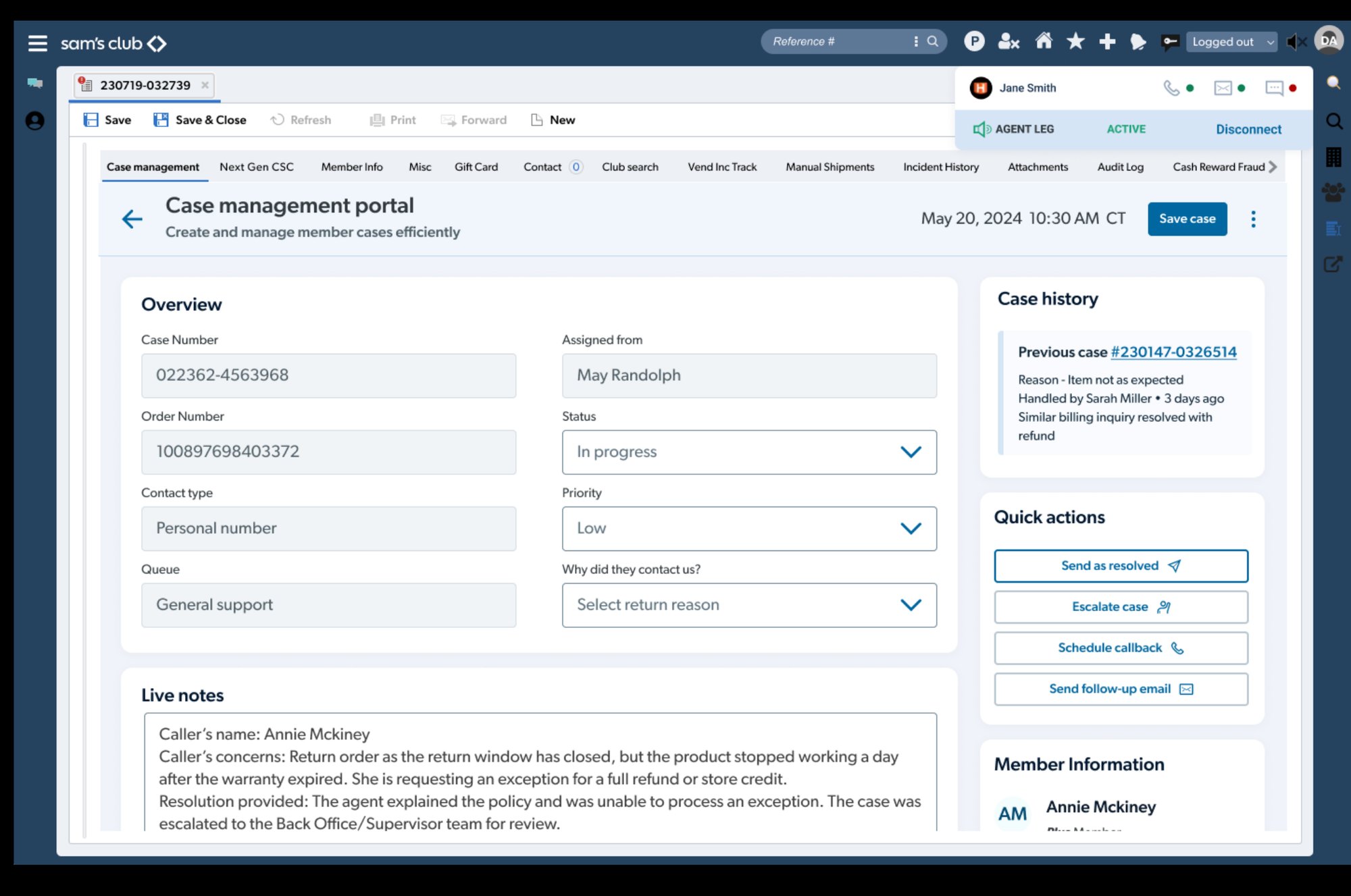 Case management portal with case overview, live notes, quick actions and case history
