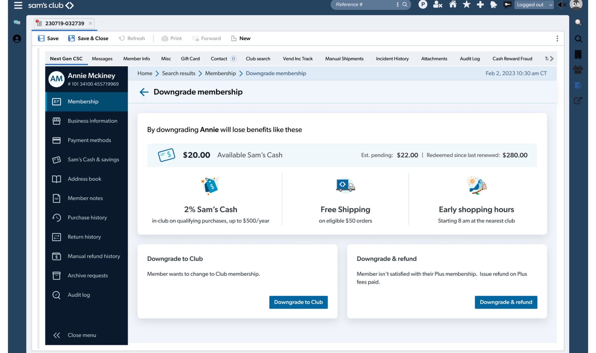Member 360 view showing a downgrade membership flow with benefits the member would lose