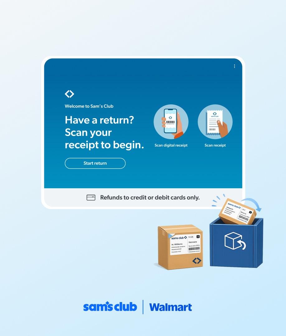 Sam's Club returns kiosk start screen with a return box and drop-off bin