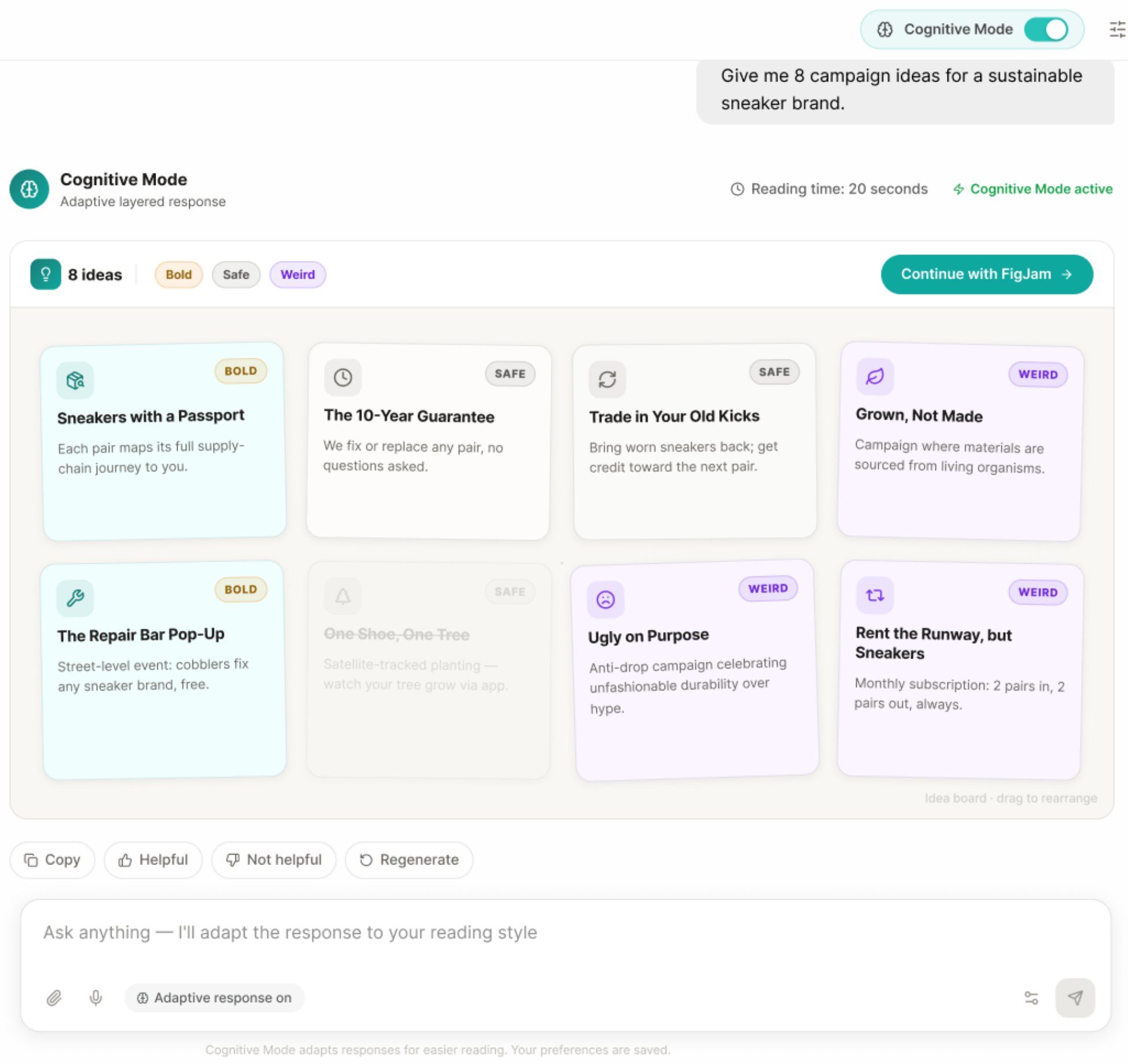 Eight campaign ideas shown as tagged cards with a Continue with FigJam button